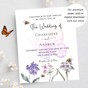 Butterfly floral violet budget wedding invitation