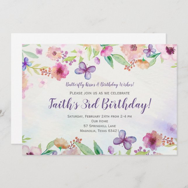 Butterfly Floral Watercolor Birthday Invitation (Front/Back)