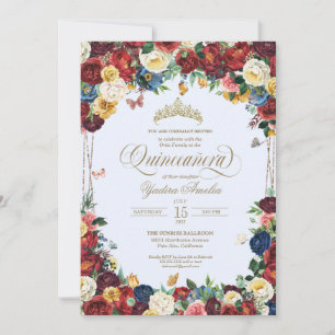 Butterfly Floral Watercolor Blue Quinceañera Invitation