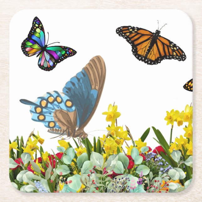 Butterfly Flower Garden With Tulips and Daisies Square Paper Coaster (Front)