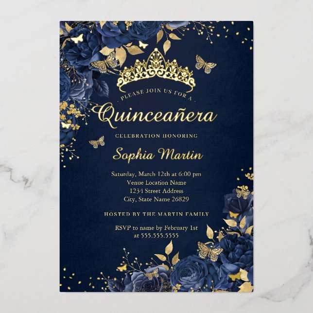 Butterfly Flower Gold Royal Navy Quinceanera (Front)