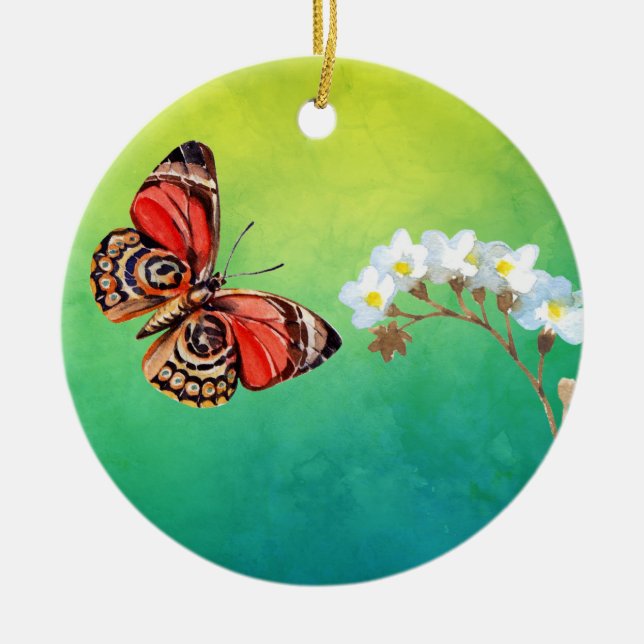 Butterfly & Flower on Green Watercolor Ceramic Ornament (Front)