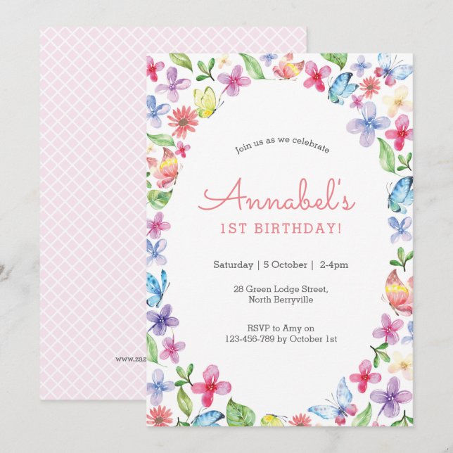 Butterfly flowers Birthday Invitation (Front/Back)