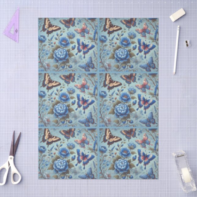 Butterfly Flowers Butterflies Blue Decoupage Tissue Paper (Craft)