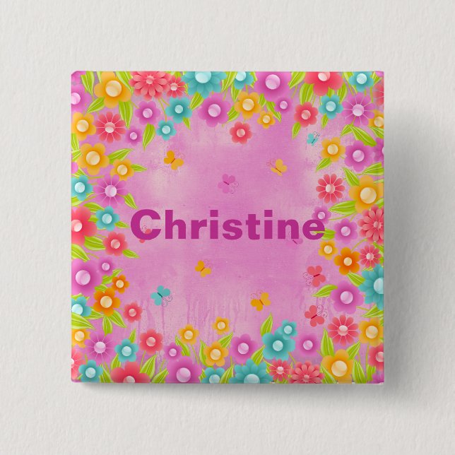 Butterfly flowers customizable name badges 2 inch square button (Front)