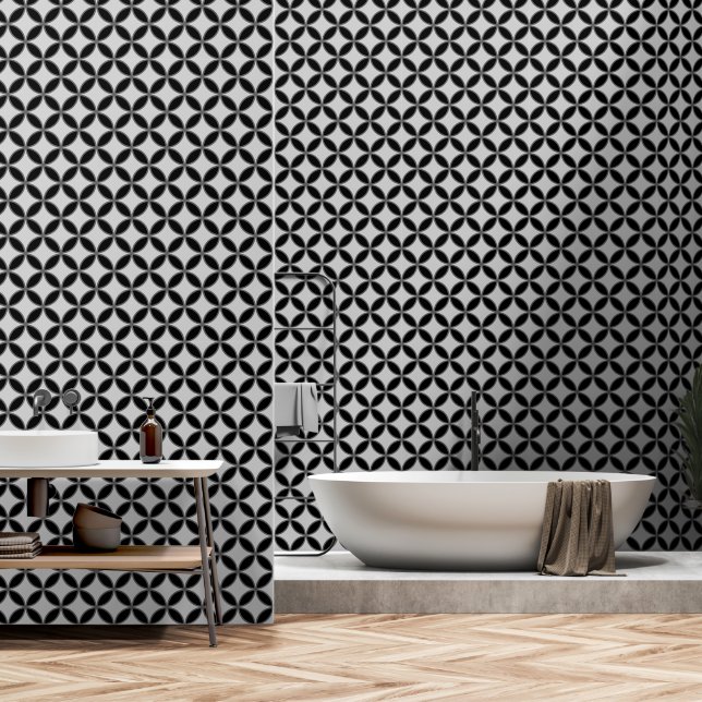 Butterfly flowers diamonds circles on black wallpaper (Bathroom)