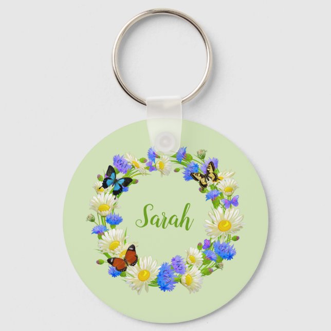 Butterfly Flowers Personalized Keychain Floral (Front)