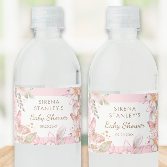 Butterfly & Flowers Pink Glitter Girl Baby Shower Water Bottle Label (Creator Uploaded)