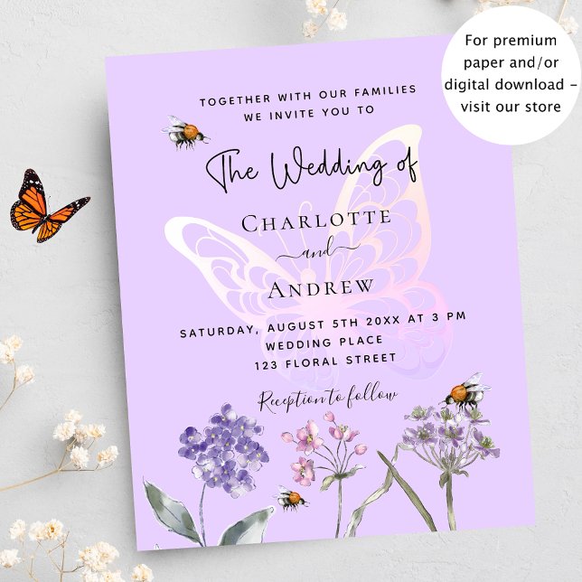 Butterfly flowers violet budget wedding invitation flyer (Creator Uploaded)