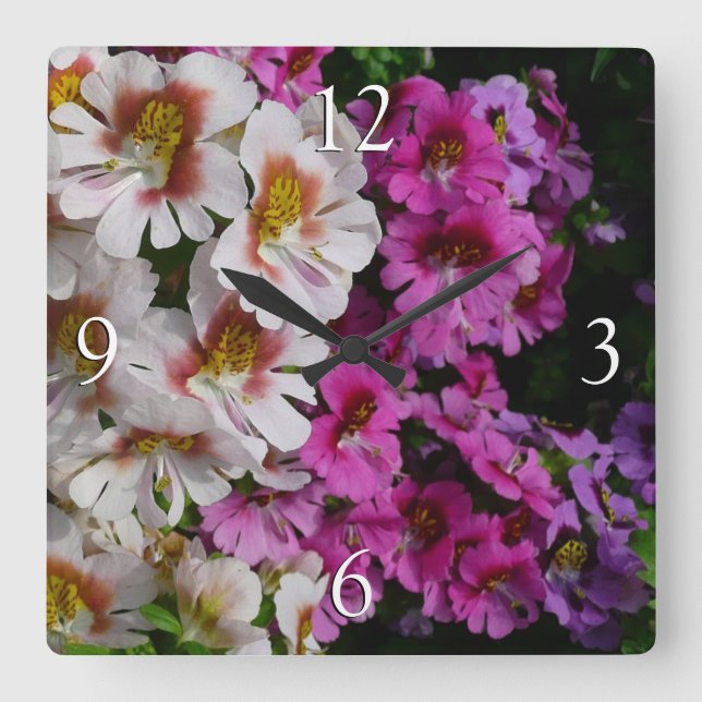 Butterfly Flowers White Pink and Purple Square Wall Clock (Front)
