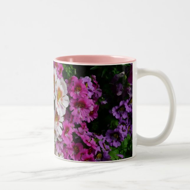 Butterfly Flowers White Pink and Purple Two-Tone Coffee Mug (Right)