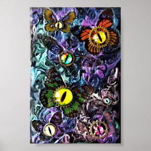 Butterfly flying eyes with clockwork print poster