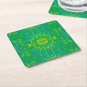 Butterfly Forest Bohemian Arabesque Pattern Green Square Paper Coaster
