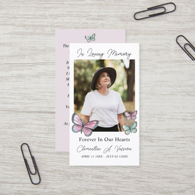 Butterfly Funeral Memorial Prayer Photo Card (Front/Back In Situ)
