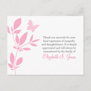 Butterfly Funeral Thank You Note Card Pink