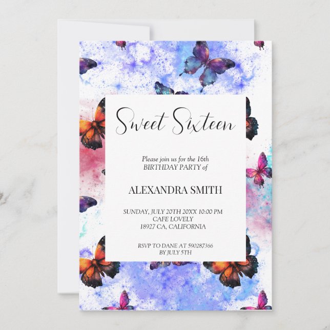 Butterfly galaxy sweet sixteen invitation (Front)