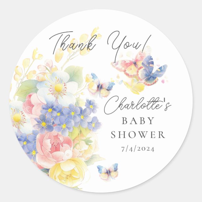 Butterfly Garden Baby Shower Classic Round Sticker (Front)