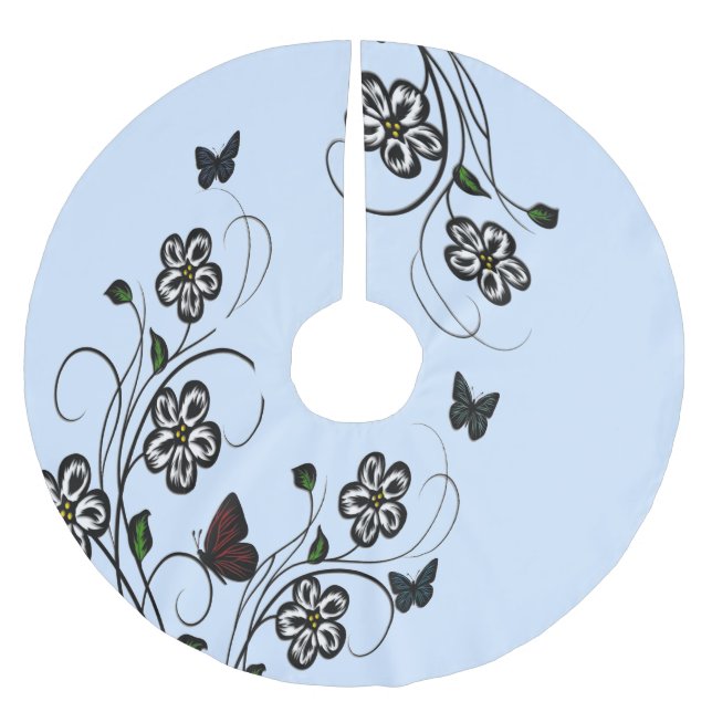 Butterfly Garden Blue Brushed Polyester Tree Skirt (Front)