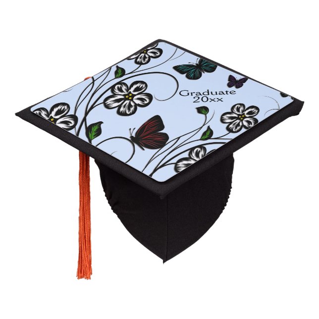 Butterfly Garden Blue Graduation Cap Topper (Angled)