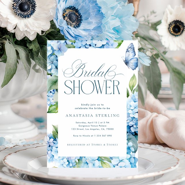 Butterfly Garden Blue Hydrangea Bridal Shower Invitation (Creator Uploaded)