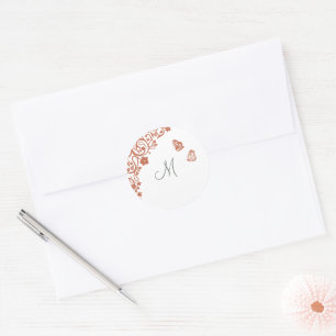 Butterfly Garden Dusty Peach Stripe Monogram Classic Round Sticker