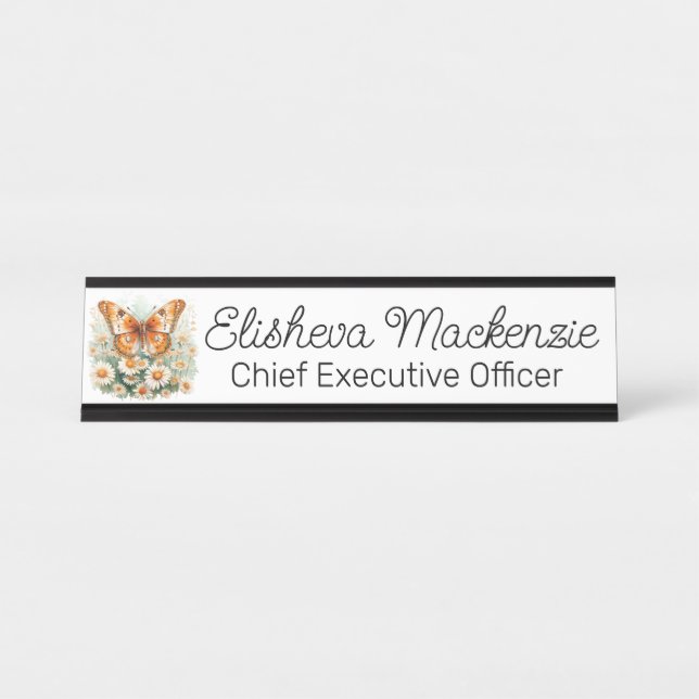 Butterfly Garden Orange and White Office Desk Name Plate (Front)