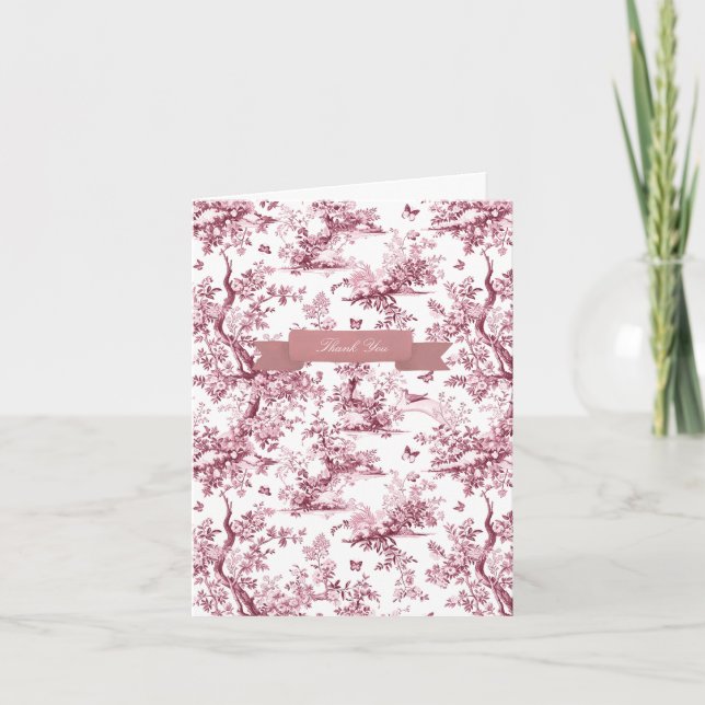 Butterfly Garden Pink Toile Floral Note Card (Front)