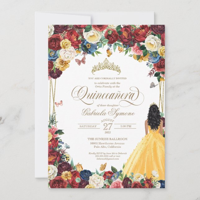 Butterfly Garden Yellow Burgundy White Quinceanera Invitation (Front)