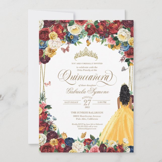 Butterfly Garden Yellow Gown Floral Quinceanera Invitation (Front)