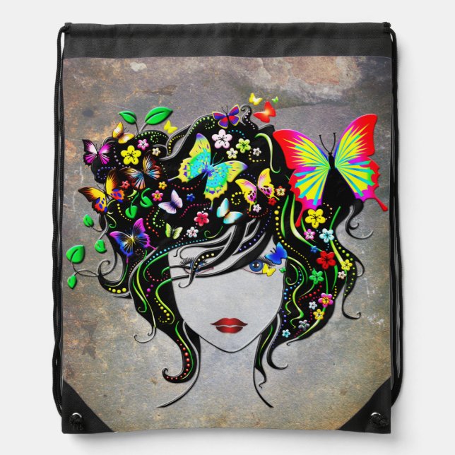 Butterfly Girl 1A Drawstring Backpack Options (Front)