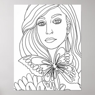 Butterfly Girl Womans face Coloring page Poster