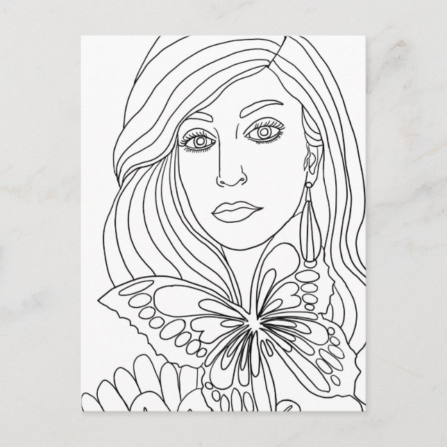 Butterfly Girl Womans face Colouring page Postcard (Front)