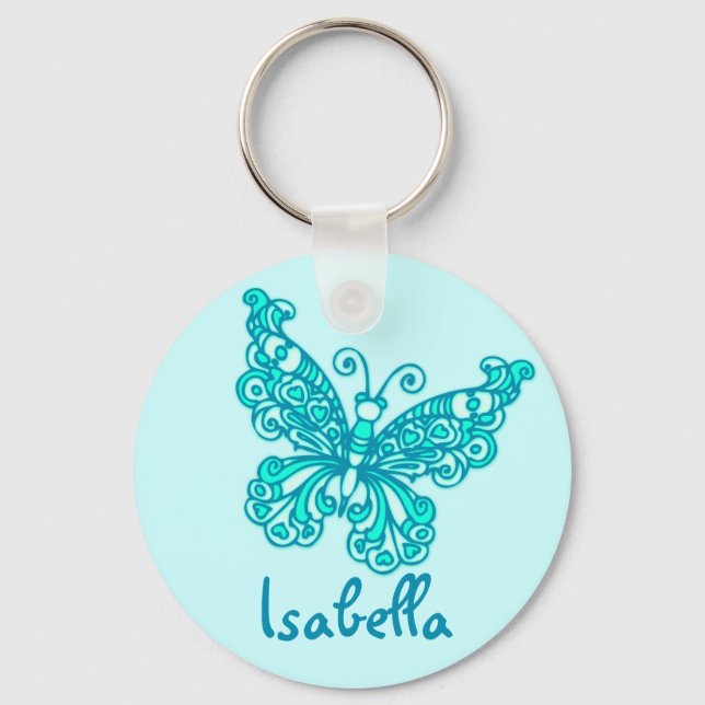 Butterfly girls aqua blue name keychain (Front)