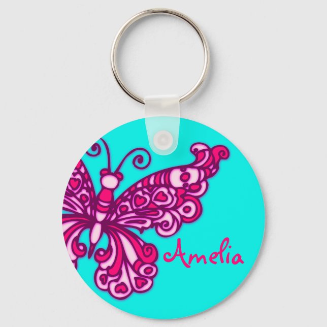 Butterfly girls aqua pink name keychain (Front)