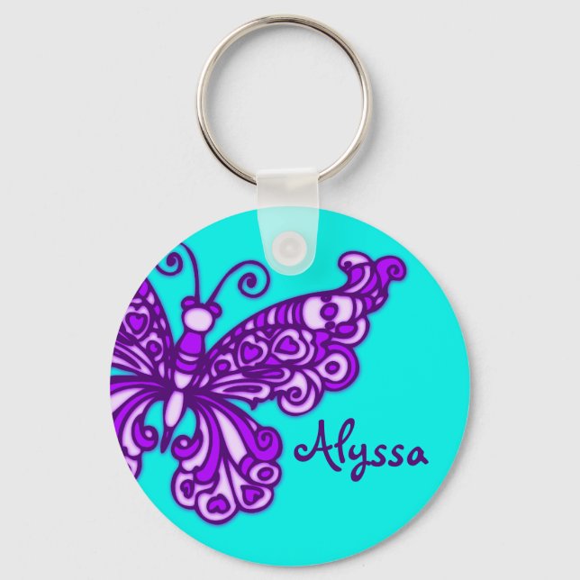 Butterfly girls aqua purple name keychain (Front)