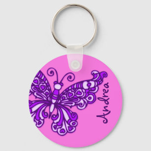 Butterfly girls pink and purple name keychain