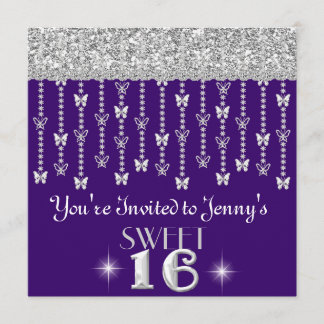 Butterfly GLITTER SWEET 16 DARK PURPLE Invitation