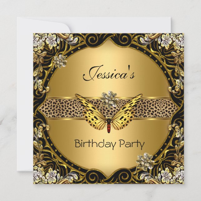 Butterfly Gold Black Leopard Birthday Party Invitation (Front)