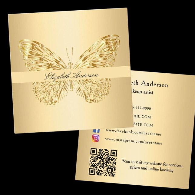 Butterfly gold QR code elegant script Square Business Card (Creator Uploaded)