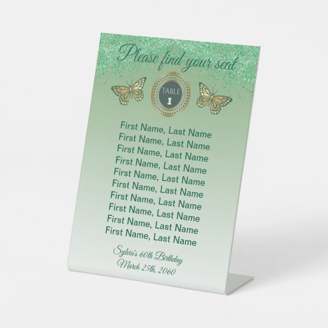 Butterfly & Green Glitter Table Number Sign (Front)