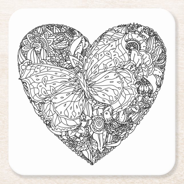 Butterfly Heart Pattern Square Paper Coaster (Front)