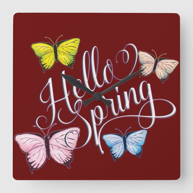 Butterfly Hello Spring Square Wall Clock (Front)