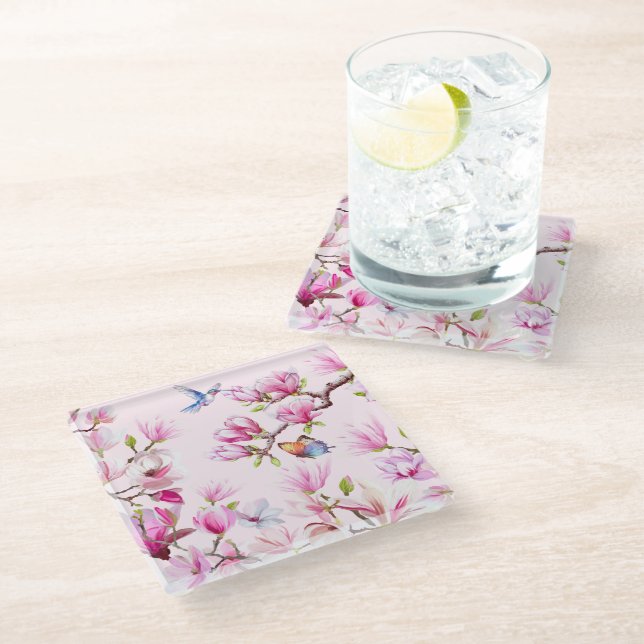 Butterfly & Hummingbird In Magnolia Bloom Coaster (Angled)