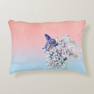 Butterfly & Hydrangea Flower Watercolor Accent Pillow