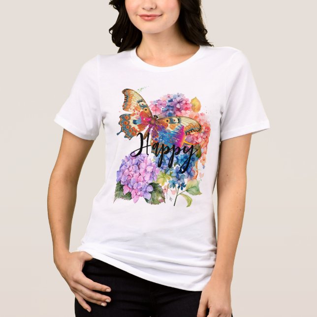 Butterfly Hydrangea Watercolor Custom Blessed  Tri-Blend Shirt (Front)
