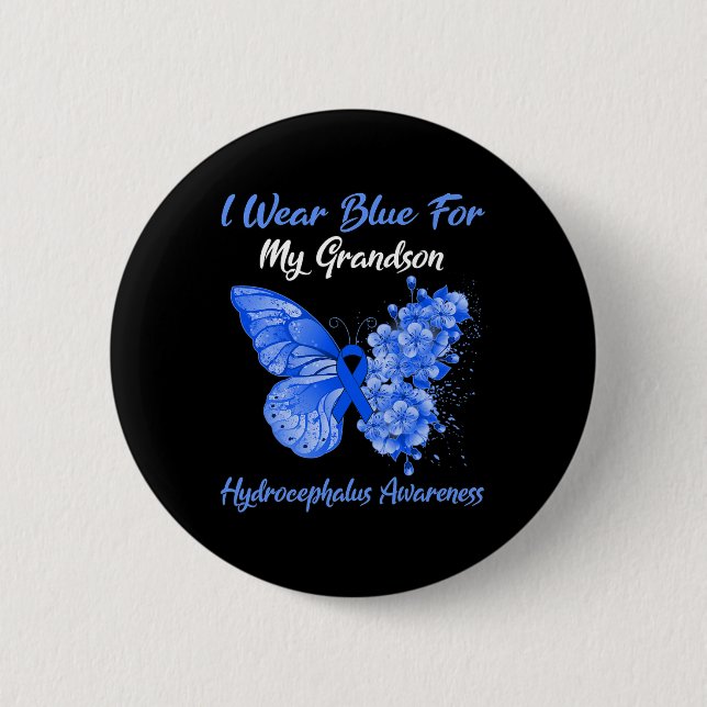Butterfly I Wear Blue For My Grandson Hydrocephalu 2 Inch Round Button (Front)
