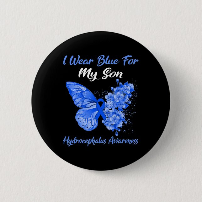 Butterfly I Wear Blue For My Son Hydrocephalus Awa 2 Inch Round Button (Front)
