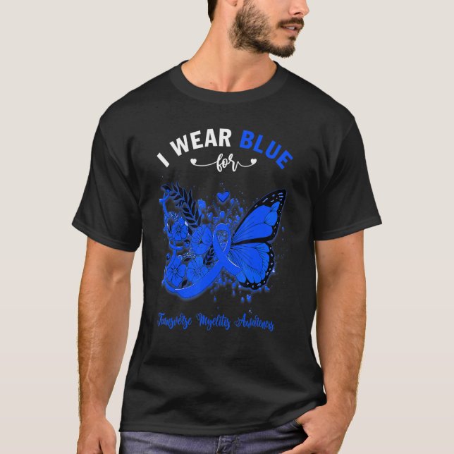 Butterfly I Wear Blue For Transverse Myelitis Awar T-Shirt (Front)