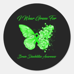 Butterfly I Wear Green For Brain Disabilities Awar Classic Round Sticker