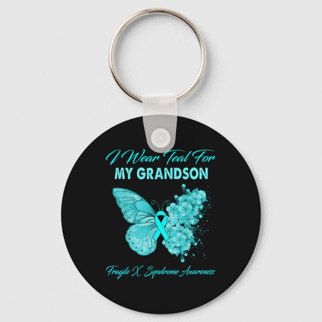 Butterfly I Wear Teal For My Grandson Fragile X Sy Keychain (Front)
